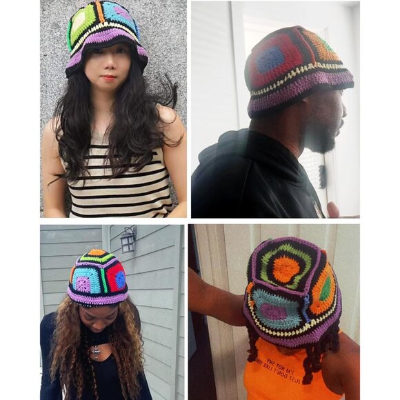 Women-Crochet-Hat-Knitted Floral Bucket-Hat-Handmade Plaid Fisherman-Hat-for-Wom - Picture 2 of 6